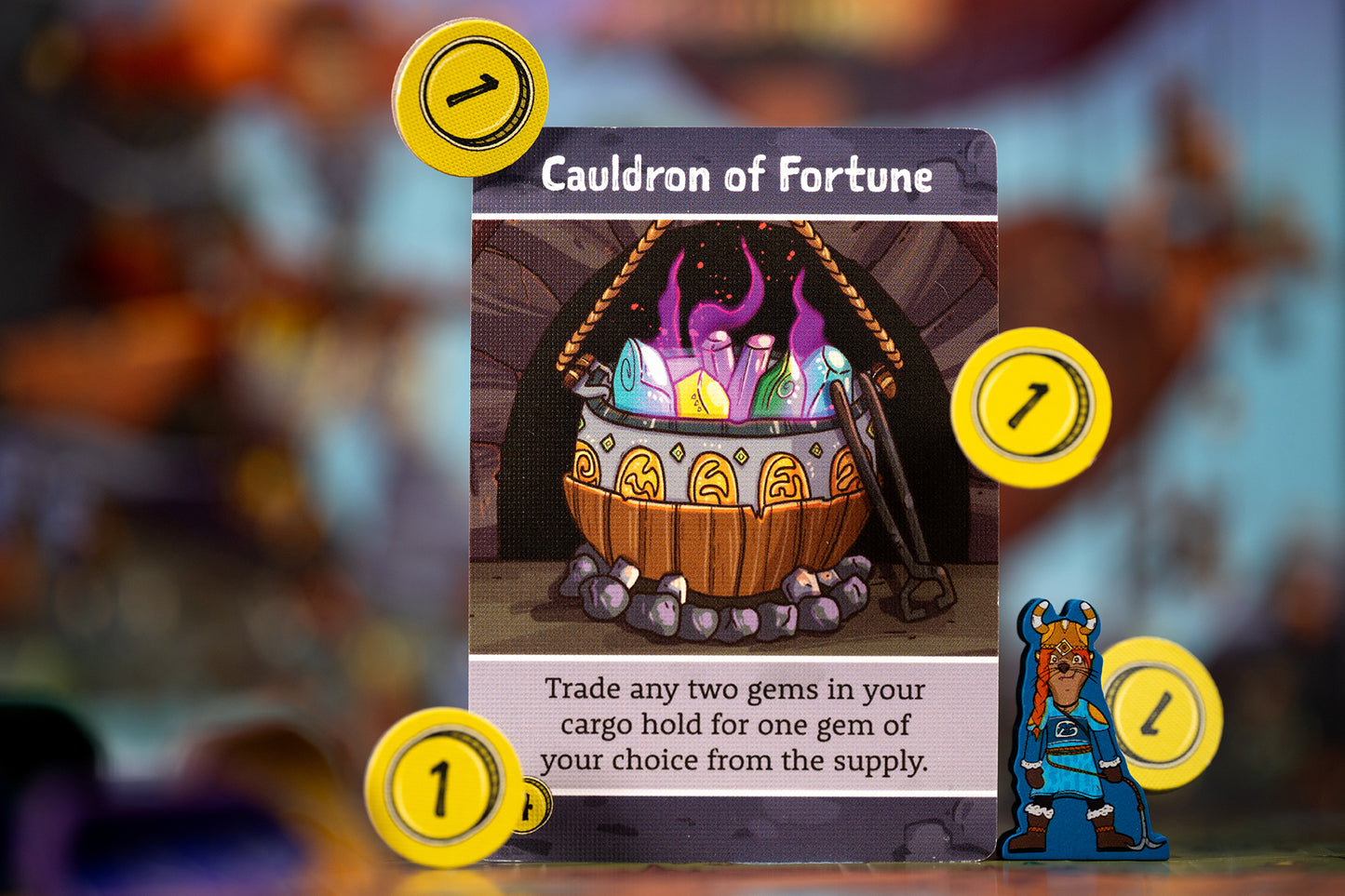 Gems of Iridescia - Cauldron of Fortune item card and Ooven explorer token